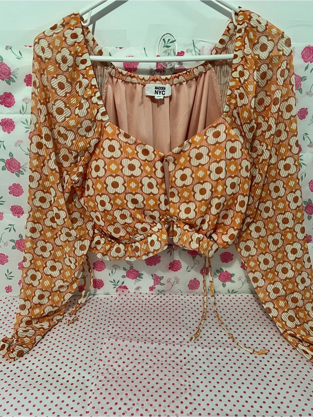 Women's Orange Floral Tie-Front Crop Top